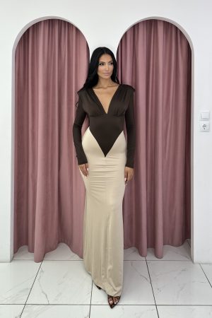 Long Sleeve Deep V-Neck Brown And Beige Color Block Maxi Dress