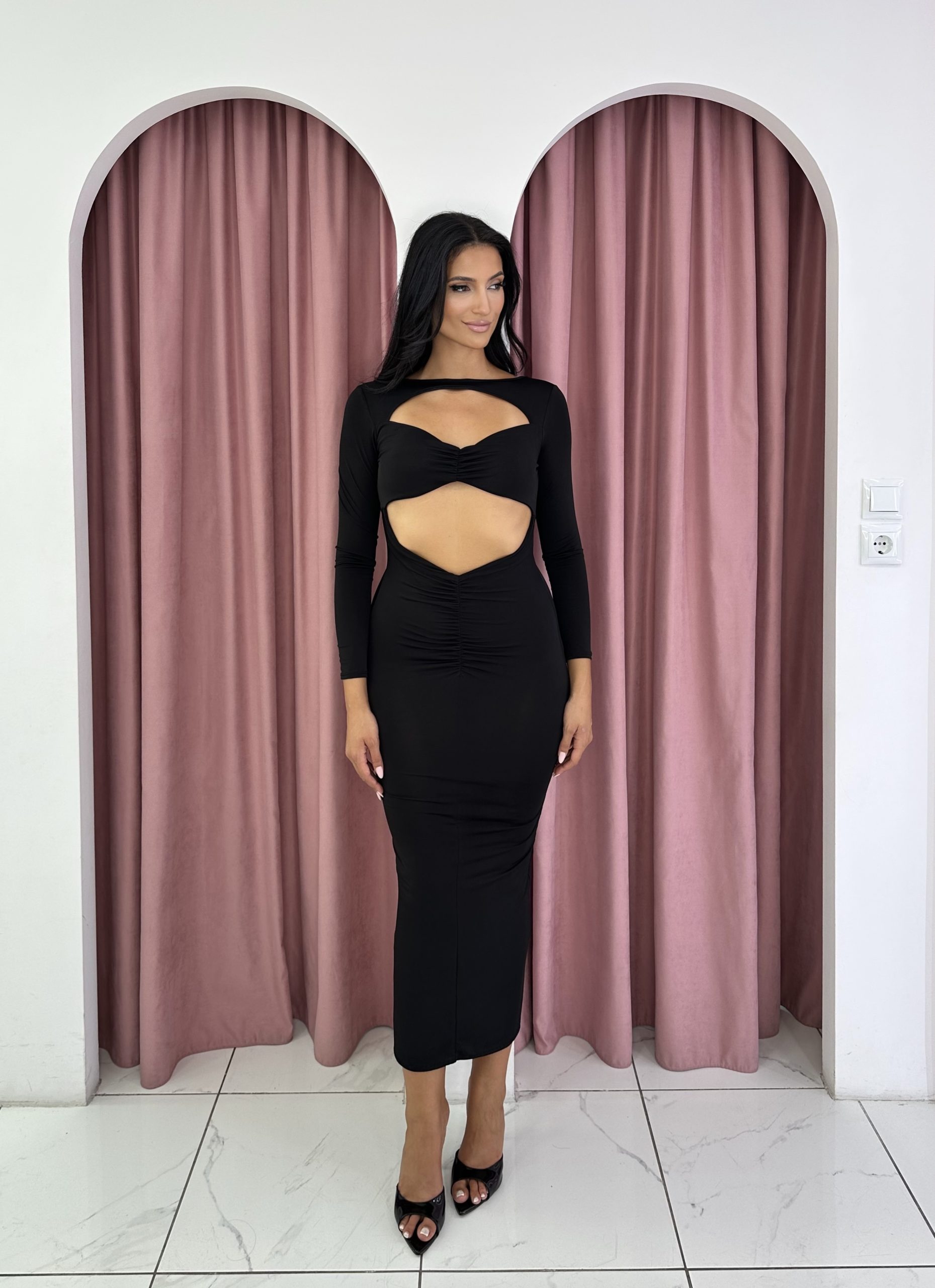 Long Sleeve Hollow Out Black Maxi Dress