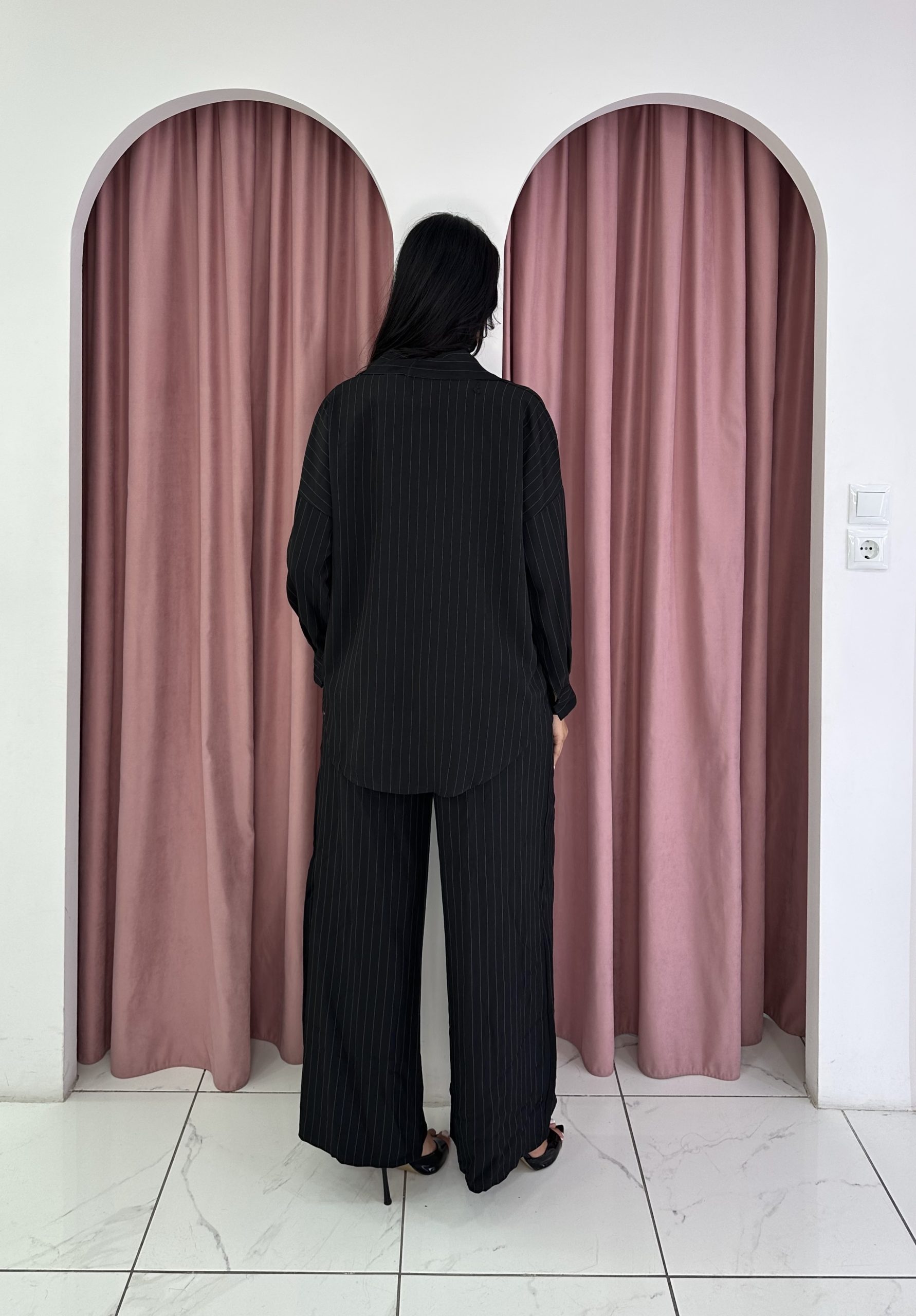 Two Piece Stripped Shirt Pants Black Set - Image 2
