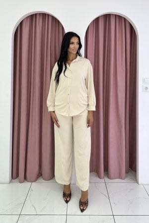 Two Piece Strass Beaded Shirt Pants Beige Set