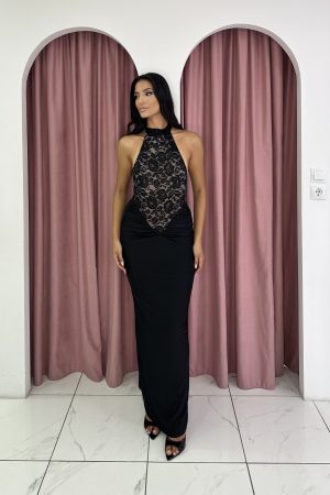 Halter Neck Open Back Black Maxi Dress